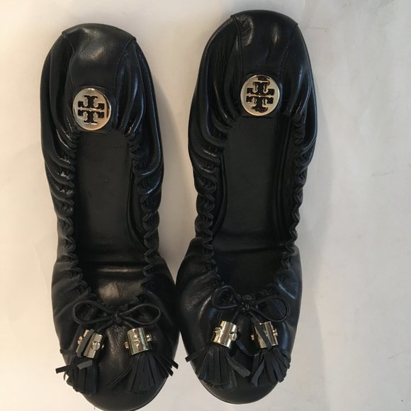 Tory Burch Reese Mestico Black Leather Tassel Ballerina Flats 8 - Picture 7 of 12